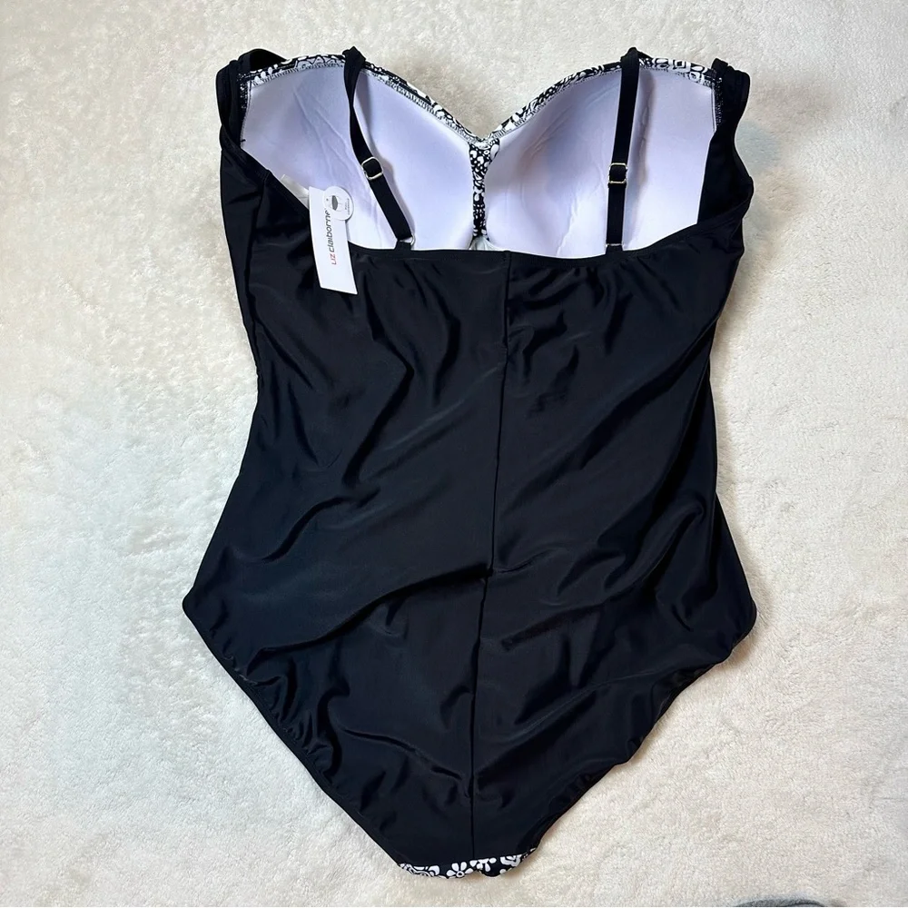 Liz Claiborne Black White Paisley One-Piece Swimsuit Ruched Belly Plus Swim